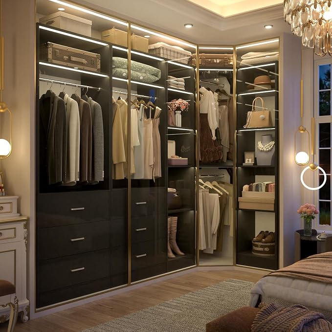 Besiost Corner Closet System with 6 Drawers, Closet Organizer System with 14 Shelves & 4 Hanging Rods, 87.2"L * 39.2"W / 63.2"L * 63.2"W Reversible L Shaped Walk-in Closets, Load 2500+LBS, Black
