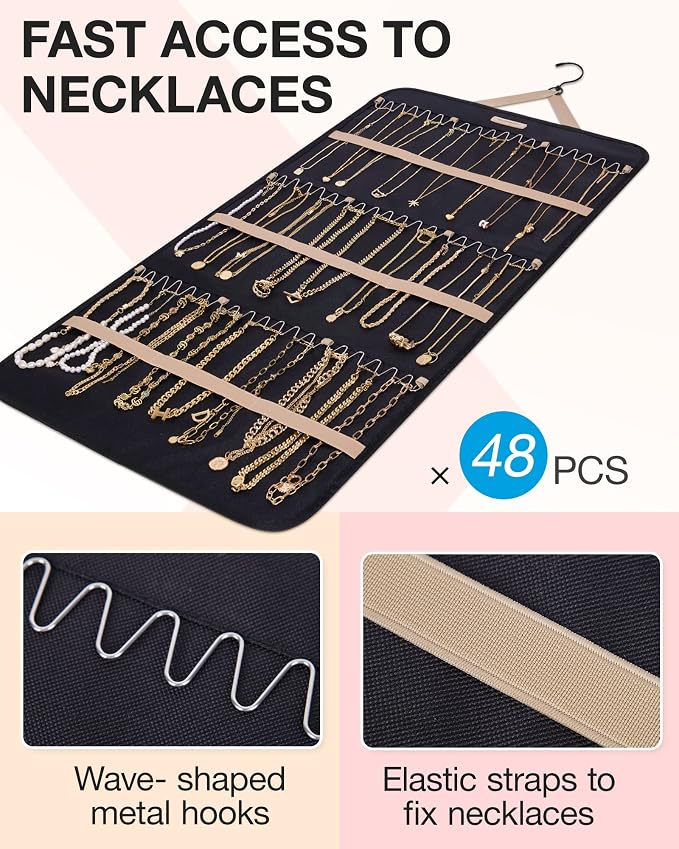 BAGSMART Hanging Jewelry Organizer Necklace/Earring/Ring 2-Sided XL Black | Jewelry Storage with Hanger Metal Hooks Double-Sided Jewelry Holder on Closet, Wall, Door