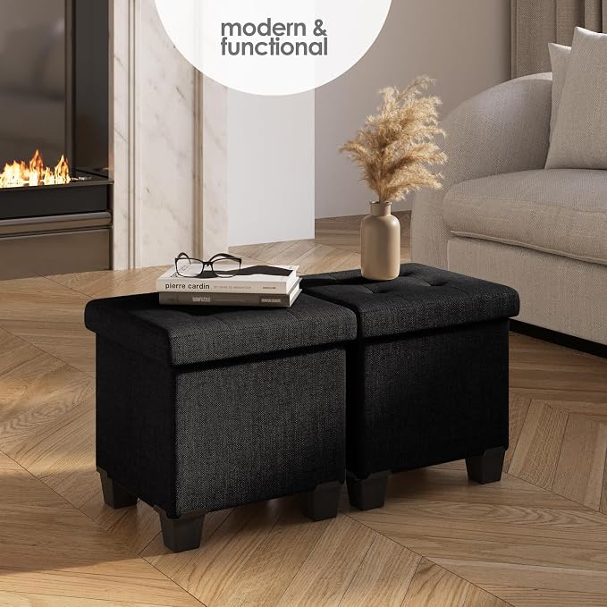 Storage Ottoman Cube with Small Bin, 15-in Square Ottoman with Storage for Living Room and Bedroom, Small Ottomans Foot Rest, Fabric Foot Stools Ottomans Max 330lbs, Black