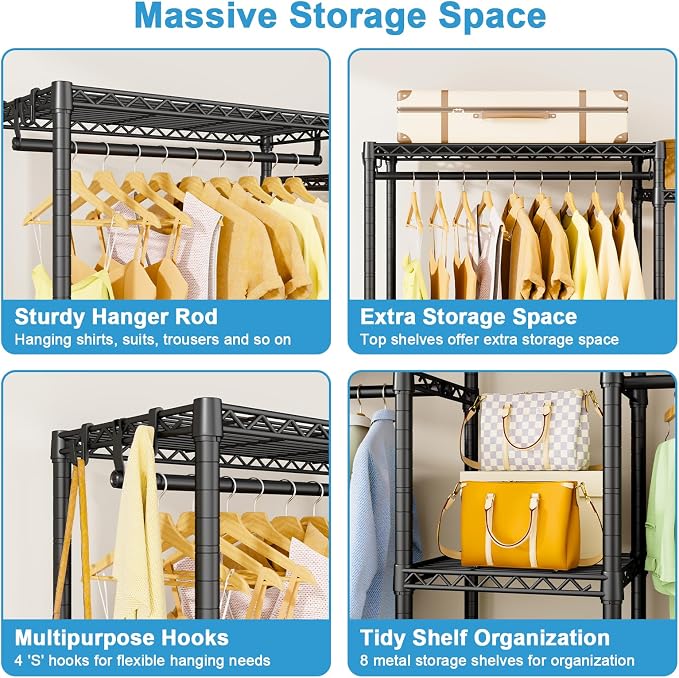 Ulif E4 Clothes Rack, Heavy-Duty Garment Rack, Metal Freestanding Clothing Organization Storage System Can Be L-Shaped with Shelves and Hangers, Max Load 962lbs, 71.6" W x 14.5" D x 79.3" H, Black | Metal Freestanding Clothing Organization Storage Syst...