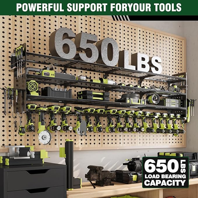 Large Power Tool Organizer Wall Mount, 16 Drill Holders Storage Rack, Black | 4-Tier Heavy-duty Wall Rack Holds 16 Cordless Drills, Saving Valuable Garage and Workshop Space