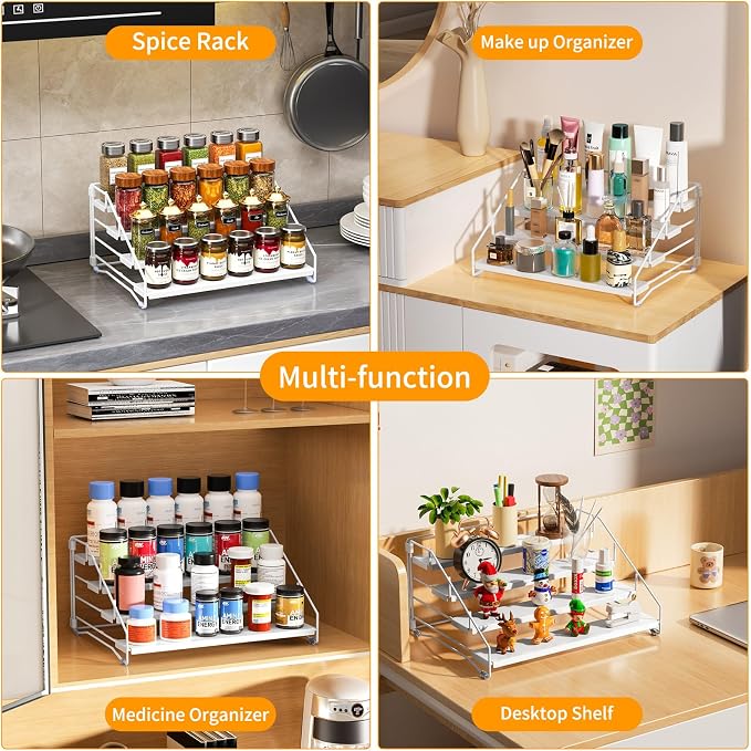 Spice Rack Organizer for Cabinet, Depth Adjustable 4 Tier Spice Rack,1 Pack | White, Metal Spice Organization for Cabinet, Easy Visibility, Tiered Spice Rack Perfect for Cabinet, Pantry and Countertop