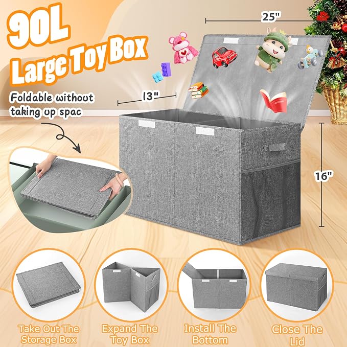 Large Toy Storage Box with Lid & Dividers, Collapsible Kids Toy Chest, Gray | Toy Box for Boys, Girls, Nursery, Bedroom, Living Room, Playroom, 25 x 13 x 16 inches