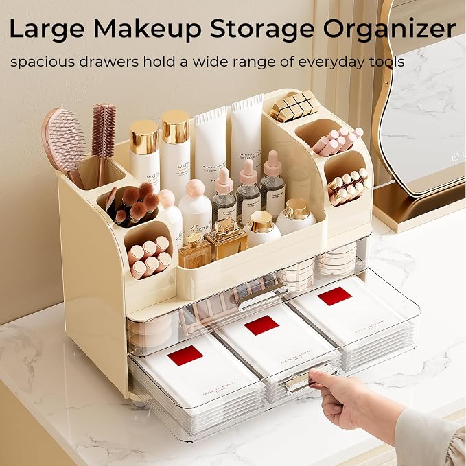 UFORU Makeup Organizer Countertop with 2 Large Drawers for Vanity Bathroom | Brush Holder, Large Capacity, Thickened Plastic, Compact Footprint, Space-Saving Design, Easy Clean, Ideal for Dorm Rooms