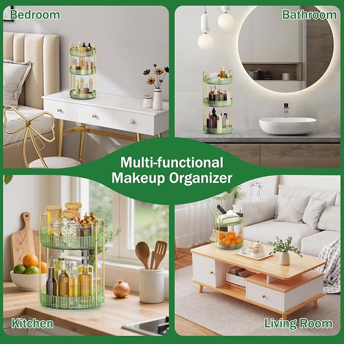 MOKANI 360 Rotating Makeup Organizer for Vanity, 3 Tier Perfume Organizer | Adjustable Multi-Function Spinning Cosmetics Skincare Storage for Bedroom, Dresser, Countertop, Green