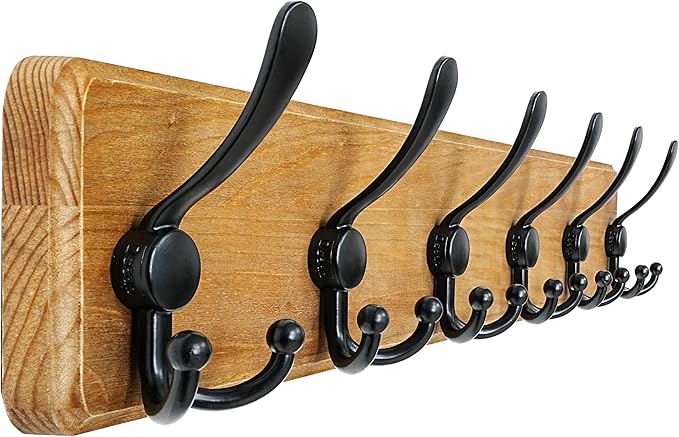 Coat Rack Wall Mounted - 24" Long 6 Tri Hooks, Heavy Duty Wooden Wall Coat Hanger Coat Hook for Clothes Hat Jacket Clothing, Weathered Yellow and Black