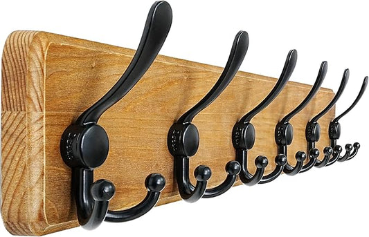 Coat Rack Wall Mounted - 24" Long 6 Tri Hooks, Heavy Duty Wooden Wall Coat Hanger Coat Hook for Clothes Hat Jacket Clothing, Weathered Yellow and Black