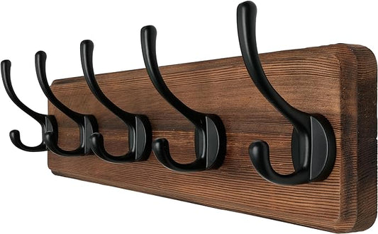 Wall Mounted Coat Rack: Patented, Heavy-Duty, 17.4" Long 5-Double-Hooks Wooden Hanger Rail for Winter Coats, Hat, Jacket, Clothing - Natural & Black