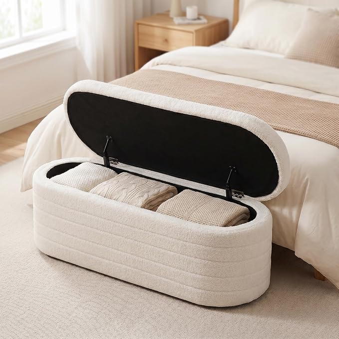 Teddy Sherpa Storage Ottoman Bench, Modern Upholstered Window Bench with Safety Hinge Lid, Oval White Ottoman for Living Room, Bedroom End of Bed