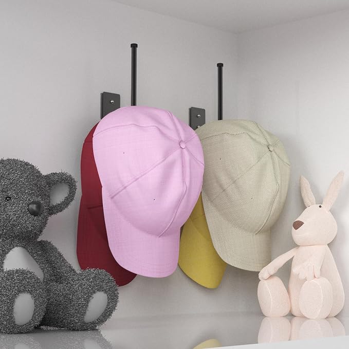 Durmmur Stainless Steel Hat Organizer, Hat Rack for Wall,Each Holds 15 Hats | 4P Strong Adhesive/Wall Drilled Hat Holder, Hat Hooks, Hat Hanger Baseball Cap Organizer for Door,Bedroom,Closet(Black 6 in)