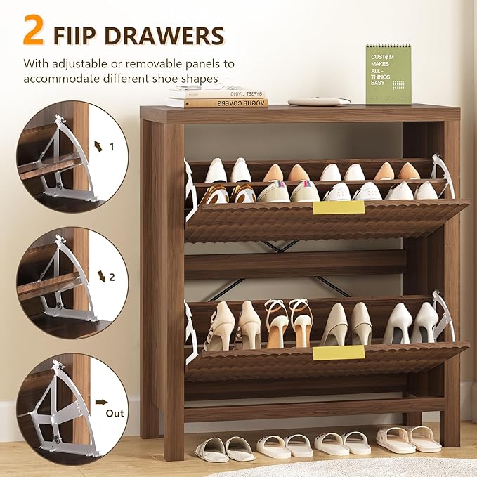 Fluted Shoe Cabinet Storage with 2 Flip Drawers for Entryway, Hallway | Narrow Shoe Rack Freestanding Shoe Organizer with Legs for Entryway，Hallway, Walnut