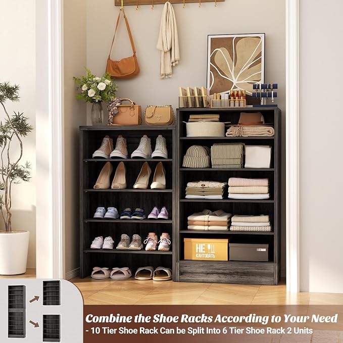 Aheaplus Tall Shoe Cabinet, 10 Tiers Narrow Wood Shoe Rack, Shoe Storage Organizer with Open Storage, Vertical Shoe Shelf Tower for 20-22 Pairs, Space Saving, for Closet, Entryway, Bedroom, Black Oak