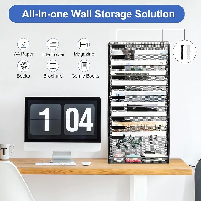 EasyPAG Wall File Holder 10 Tier Mesh Hanging Folder Organizer with Flat Tray Wall Mounted Mail Organizer Magazine Paper Desk Shelf with Nametag Label for Office Home School, Black