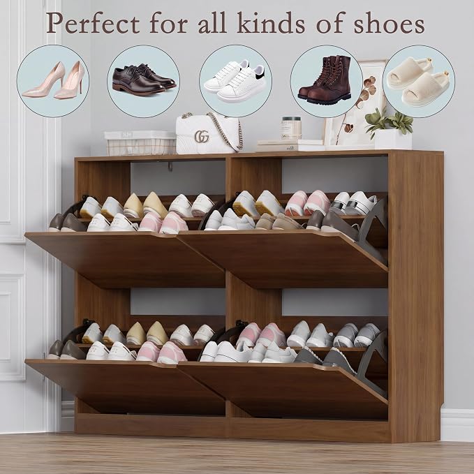 BORNOON Shoe Cabinet with 4 Flip Drawers, Narrow Hidden Shoe Storage Cabinet, Slim Freestanding Shoe Rack Organizer for Entryway, Hallway, Bedroom, Living Room