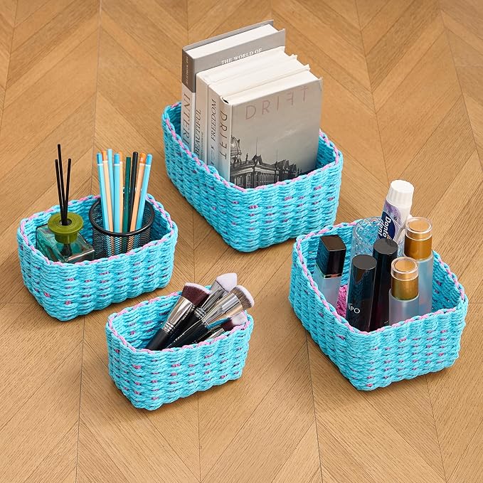 4PCS Woven Storage Baskets Set, Small Baskets for Organizing, Square Handwoven Paper Rope Organizer Bins for Shelves and Home Storage (Blue & Pink)