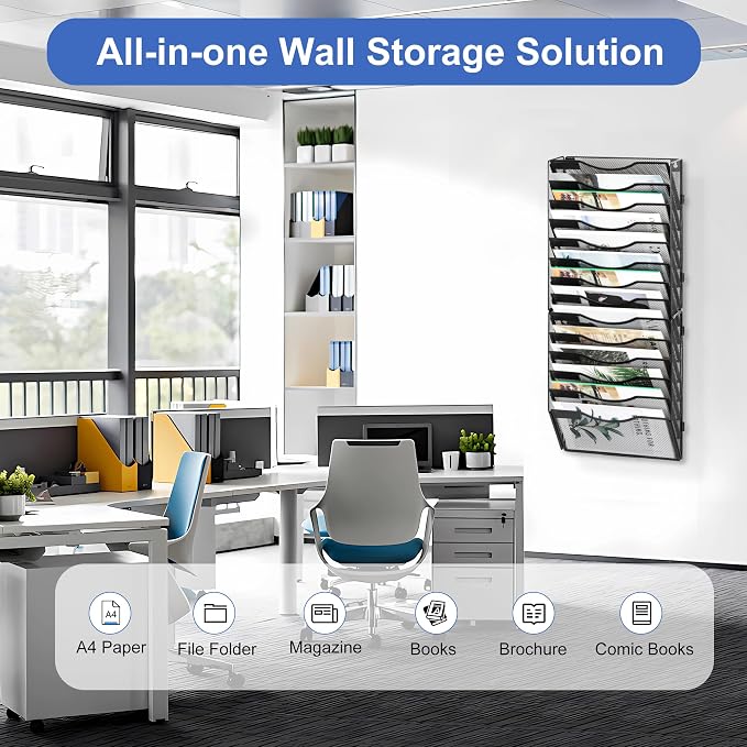 EasyPAG Wall File Organizer for Office 14 Pocket Mesh Wall Mounted Paper Organizer Hanging Folder Holder with Nametag Label for Home School, Black
