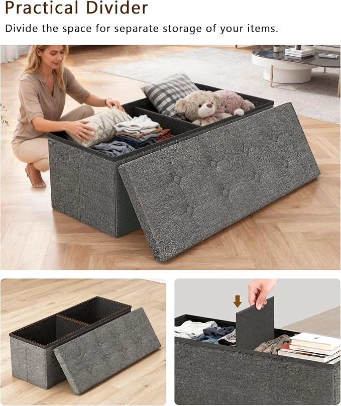 GLAXYFUR 43 Inches Folding Storage Ottoman Bench, Storage Chest, Grey | Ottoman Foot Rest, End of Bed Bench, Load 660 lb, Storage Box for Living Room, Bedroom, Entryway