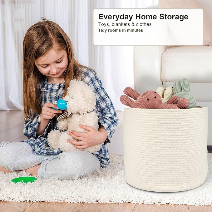 XUANGUO Cotton Rope Basket For Girls Boys Kids 16”X14” White | Baby Laundry Baskets, Blanket Basket, Nursery Bin; Round Woven Basket Organizer for Toy Storage, Blankets, Shoes and Clothes