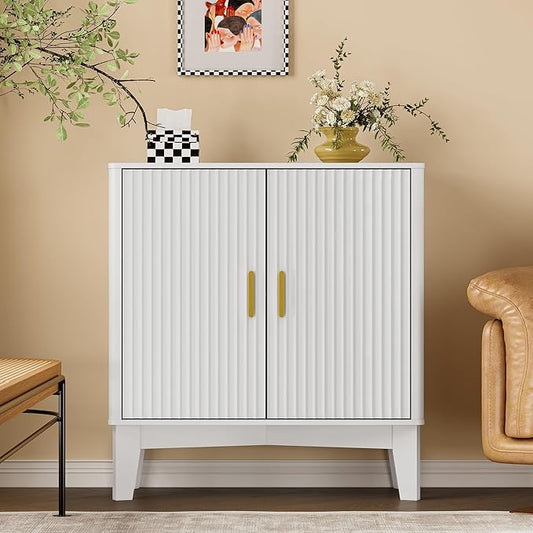 BORNOON Storage Cabinet with Doors and Adjustable Shelf, Modern Fluted Sideboard Buffet Cabinet, Freestanding Coffee Bar for Kitchen, Pantry, Entryway, Living Room (White)