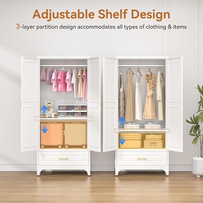 Polup 71" White Metal Wardrobe Closet with Doors and 1 Drawer | Tall Steel Armoire, Hanging Rod, Adjustable Shelves, Sturdy Freestanding Clothes Organizer for Bedroom, Laundry & Office