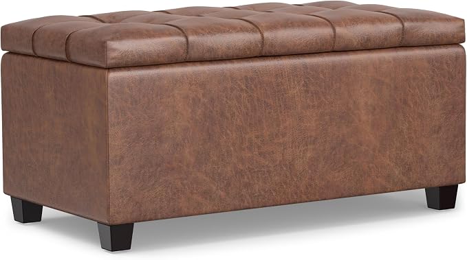 SIMPLIHOME Sienna 33" Wide Vegan Leather Storage Ottoman in Midnight Black | Distressed saddle brown, transitional ottoman with tufting and lift-up lid; rectangle storage bench for living room.