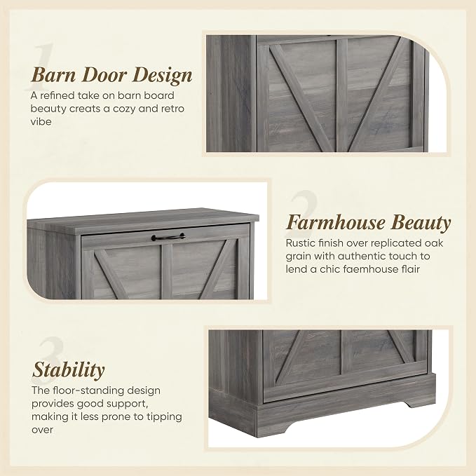 Semiocthome Farmhouse Shoe Storage Cabinet with 2 Flip Drawers, 23.6"(W) Freestanding Shoe Organizer with Barn Door and Metal Handles for Entryway, Rustic Narrow Slim Shoe Rack Cabinet - Washed Gray