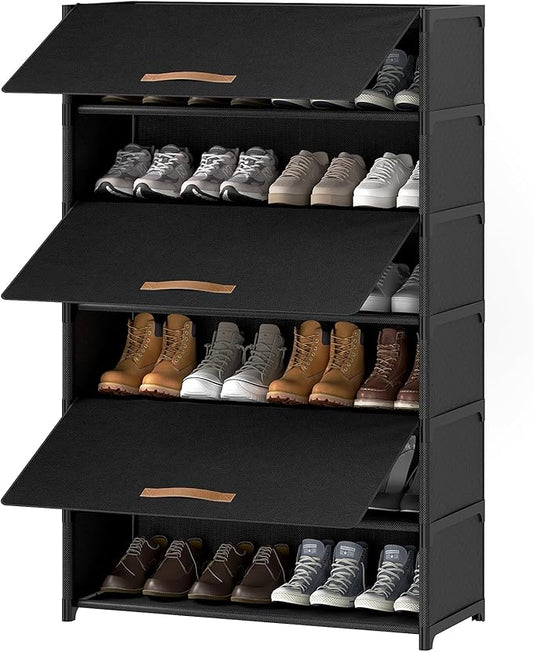 7 Tier Shoe Cabinet with Door, 28-Pair Storage, Black | Tall design saves floor space. Door blocks dust & pets. Holds heels to boots. Quick assembly with connectors.