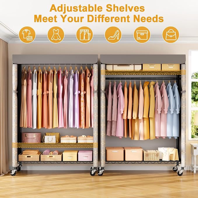 P6C Plus Rolling Clothes Rack with Cover, Covered Clothing Rack | Portable Closets for Hanging Clothes, Heavy Duty Garment Rack on Wheels, Black Closet Rack with Pattern Cover Max Load 375LBS
