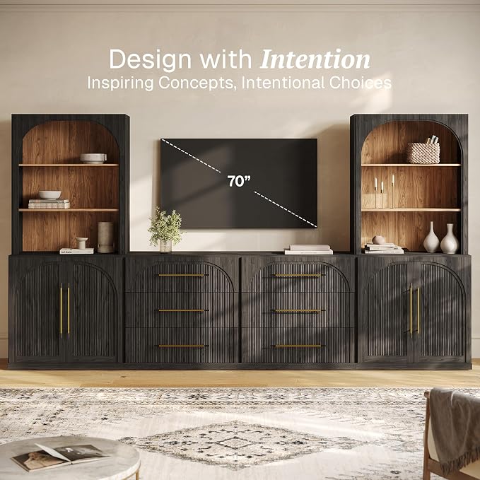 BELLEZE 6-Piece Modular TV Stand Set - 2 Double-Arc Wood Door Sideboards, 2 Sideboards with Drawers, and 2 Hutch Cabinets, Classic Modern Media Console with Adjustable Shelves for Living Room(Ebony)