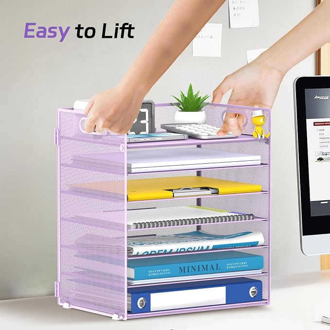 7 Tier Paper Organizer for Desk with Mesh Letter Trays and Handle Purple | Purple Desk File Organizer with Handle for Sorting Papers, Files, Folders, Mail, Bills and Office Supplies