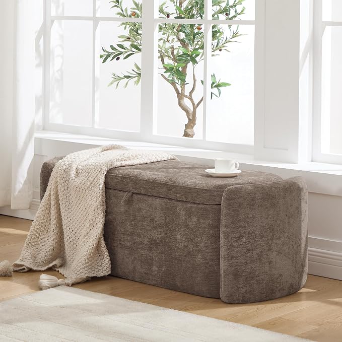 Oval Ottoman Bench with 20 Gal of Storage Space Upholstered Chenille Seat End of Bed Storage Bench Storage Ottoman with Storage for Bedroom, Living Room, Entryway, Window(Light Brown)