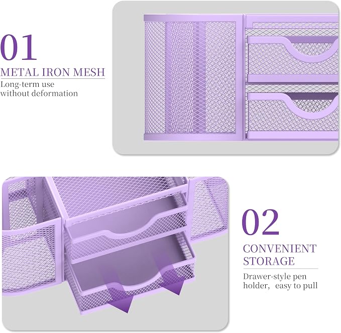Mesh Desk Organizer, Desk Organizers and Accessories with Drawers, Pen Holder for Desk with 2 Drawers with 9 Compartments for Office Supplies, Purple