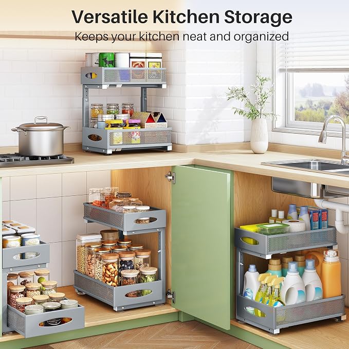 2 Pack Under Sink Organizer, 2 Tier Pull out Cabinet Organizer Mesh Baskets with 5 Adjustable Heights, Sliding Drawers Storage Shelf for Home, Kitchen, Bathroom, Pantry, Office, Countertop ,Grey