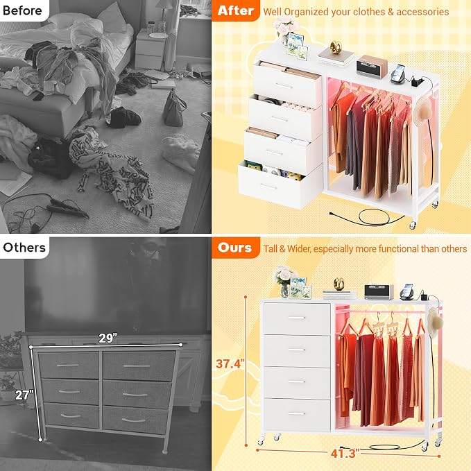 Cyclysio Storage Clothes Rack with 4 Drawers, Garment Rack with Charging Station & LED Lights, Fabric Chest Shelves Clothing Rack, Wooden Portable Wardrobe Closet