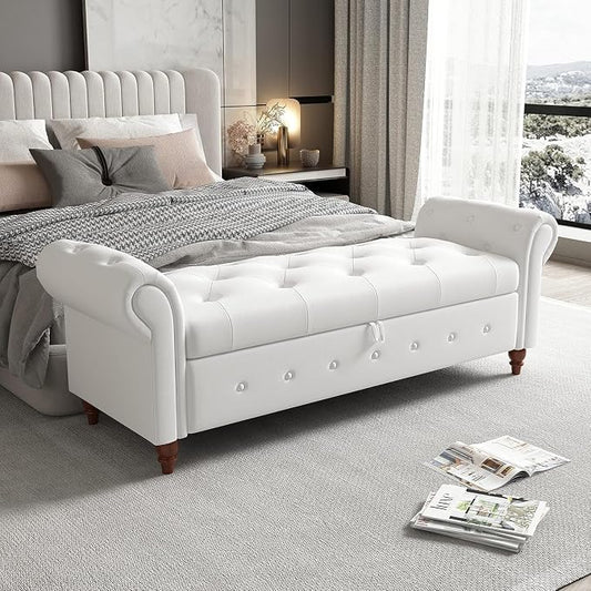 NIOIIKIT 63'' Storage Ottoman Bench, Tufted Entryway Bench White Polyester | Button Tufted End of Bed, Large Storage Space, Rolled Armed Ottoman Couch Long Bench for Bedroom, Living Room, Hallway