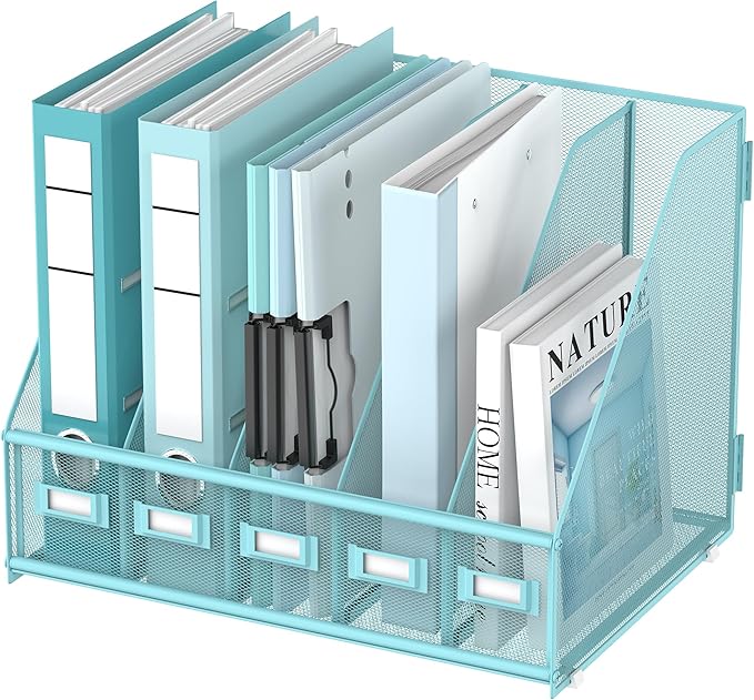DALTACK 5-Slot Magazine File Holder, Metal Binder Holder, Blue | Iron Mesh Construction, Labeled Sections for Easy Sorting, Anti-Slip Feet, Binder and Folder Storage for Office, Classroom