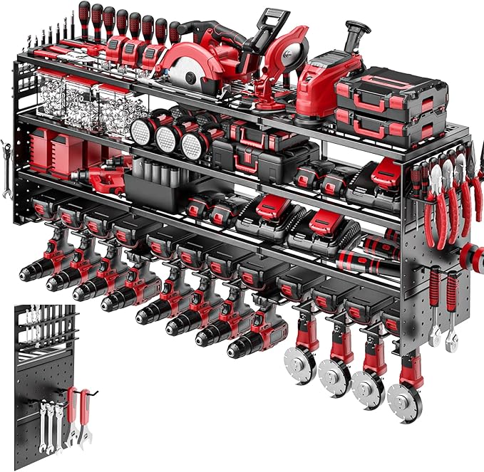 52" Metal Power Tool Organizer Wall Mount,4 Tier,Black | Heavy-Duty Metal,480 LBS Capacity,12 Cordless Drill Holders,Adjustable Hooks,Tool Shelf for Garage Workshop Shed,Pegboard