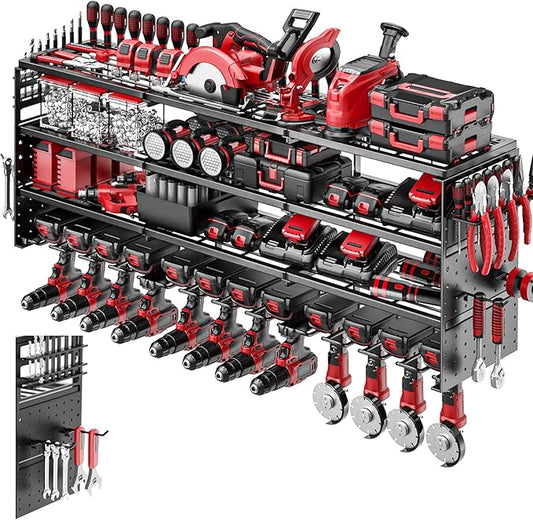 52" Metal Power Tool Organizer Wall Mount,4 Tier,Black | Heavy-Duty Metal,480 LBS Capacity,12 Cordless Drill Holders,Adjustable Hooks,Tool Shelf for Garage Workshop Shed,Pegboard