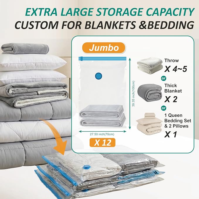 Cozy Essential Vacuum Storage Bags, 80% Compression Vacuum Seal Space Saver Plastic Packaging Bags for Clothes, Blankets, Pillow, Bedding, Comforters, Sealer Clothing Storage,12 Jumbo