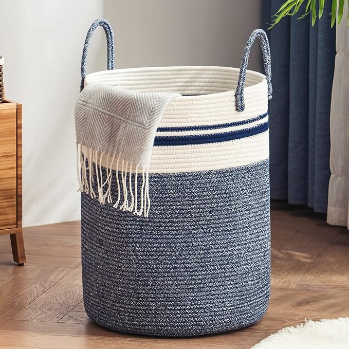 Woven Rope Laundry Hamper Basket by YOUDENOVA, 58L Tall Luandry Basket, Baby Nursery Hamper for Blanket Storage in Bedroom-Large-Blue | Large Woven Laundry Hamper with Sturdy Handles, Collapsible Home Decor Laundry Basket for Laundry, Clothes, Toys in ...