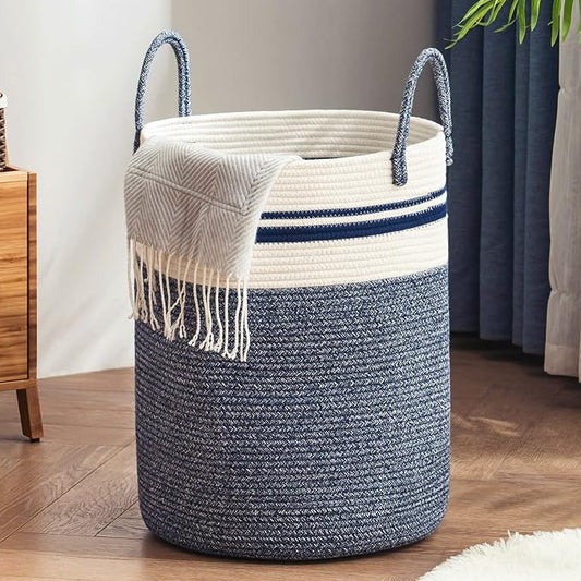Woven Rope Laundry Hamper Basket by YOUDENOVA, 58L Tall Luandry Basket, Baby Nursery Hamper for Blanket Storage in Bedroom-Large-Blue | Large Woven Laundry Hamper with Sturdy Handles, Collapsible Home Decor Laundry Basket for Laundry, Clothes, Toys in ...