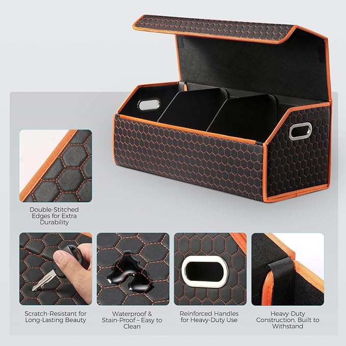 Fyzeoty Car Trunk Organizer for SUV and Sedan, Orange-Honeycomb, 29.5 in | Honeycomb Textured Exterior, Extra‑Large, Premium Leather, Magnetic Lid, Collapsible & Adjustable, Water‑Resist & Dust‑Proof