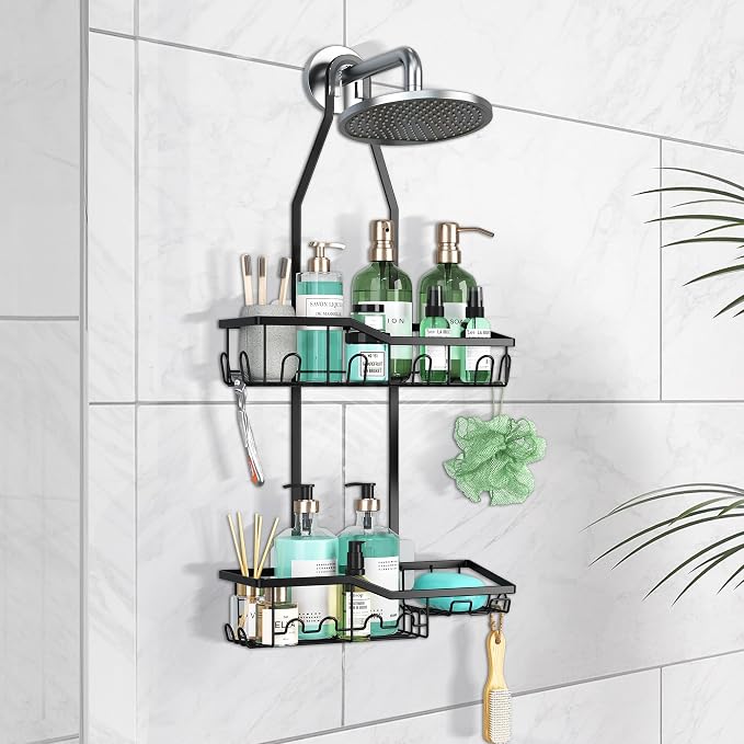 Shower Caddy Hanging,Rustproof Anti-Swing Shower Organizer,2 Tier Hanging Bathroom Caddy Anti-swing and Non-slip,Bathroom Organizer with 18 Hooks for Razor/Sponge (Black, Large)