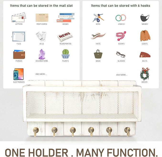 Rebee Vision Key Holder Wall Mount with Mail Basket for Entryway, Whitewash | Pine Wood, Key Holder for Wall, 6 Key Hooks, Mail Organizer, Key Rack & Storage Organizer, Home Essential, Room Decor