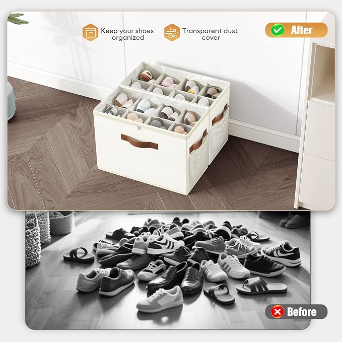 2 Pack Shoe Organizer for Closet, Foldable Shoe Storage with Adjustable | Farbic shoe storage organizer box bin with clear cover, fits up to 16 pairs, shoe storage box for closet, entryway, beige