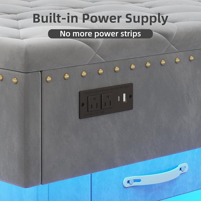Large Square Ottoman with Storage, Square Storage Ottoman Coffee Table | Coffee Table Storage Ottoman Bench with Lift Top and Two Tier Drawers, LED Ottoman Bench with Charging Station, Gray