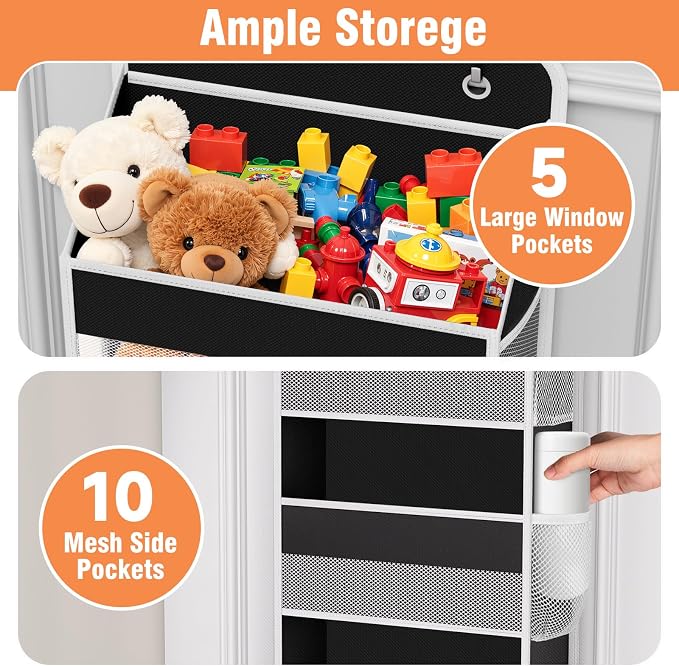 Over The Door Organizer Storage Large Capacity Hanging Bedroom Storage | 5 Shelves, 40 LB Capacity, Foldable Mesh Design, Clear Window, Sturdy, Large Storage Organizer for Nursery, Pantry & Closet