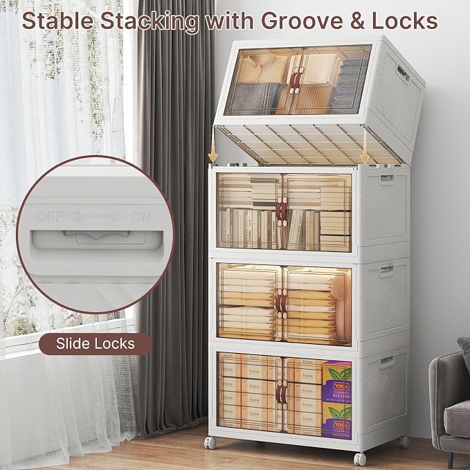 UAMFURI Stackable Storage Bins with Lids, 960QT Lockable Storage Cabinet | Folding Storage Box with Doors and Wheels, Collapsible Plastic Drawers for Home, Garage, Office