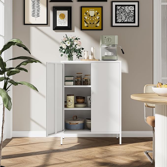 Bevivog Metal Locker Cabinet with 2 Doors, White Metal Accent Cabinets for Home Office, 40" Counter Height Storage Lockers Sideboard for Home Office Kitchen Living Room Hallway Entryway