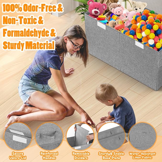 Large Toy Storage Box with Lid & Dividers, Collapsible Kids Toy Chest, Gray | Toy Box for Boys, Girls, Nursery, Bedroom, Living Room, Playroom, 25 x 13 x 16 inches